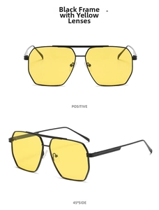 Detail view of double-bridge geometric sunglasses with black frame and yellow lenses