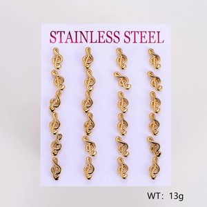 Set of 12 pairs golden musical note stainless steel stud earrings on display card