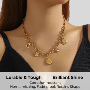 Detailed view of a gold chain necklace featuring starfish, shell, and dolphin charms