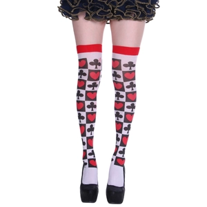 Over-the-knee poker socks featuring red hearts and black clubs patterns for cosplay