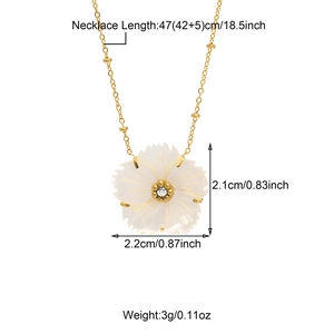 Detailed view of camellia pendant necklace with measurements in centimeters and inches