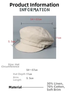 Guide des tailles pour casquette femme en lin et coton, tour de tête 54-57cm et bord souple