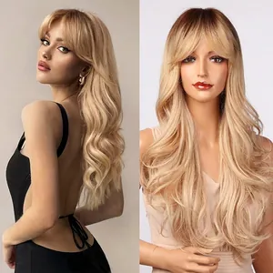 Long Wavy Wig With Bangs Heat Resistant Synthetic Fiber Natural Ombre Blonde Daily Party Cosplay For Women