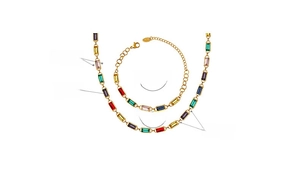 Detailed dimensions of multicolor crystal jewelry set with necklace and bracelet