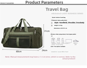 Detail view of military green travel duffel with 60x24x31 cm dimensions and large capacity