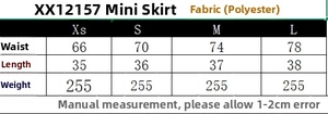 Detailed size chart for high waist puff mini skirt showing measurements from XS to L