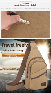 Detail of khaki canvas sling bag showing scratch-resistant fabric and multi-zipper pockets