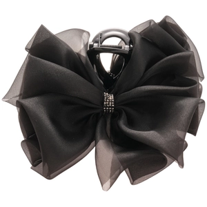 Elegante molletta per capelli con fiocco in organza nera decorata con strass e finitura lucida