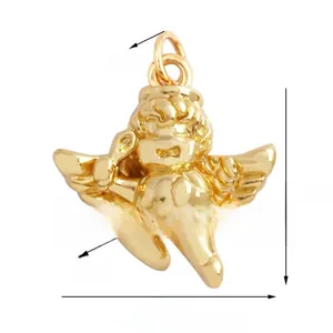 Macro view of gold angel charm pendant showing intricate wing details and dimensions