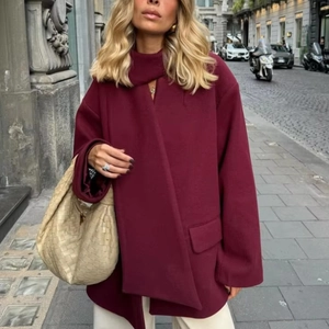 Women Woolen Coat Scarf Collar Asymmetric Loose Oversized Jacket Wine Red British Style Commute