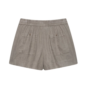 Detail view of neutral taupe linen shorts featuring elastic waist and large back button pockets