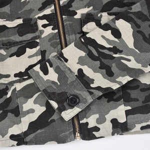 Close-up of urban camouflage jacket featuring ripstop texture and metal zipper detail