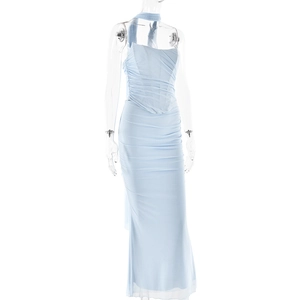 Detail of light blue halter neck evening gown with waist pleats and fishtail skirt