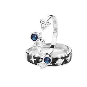 Astronaut Couple Rings Space Spaceman Rocket Adjustable Open Jewelry For Lovers Gift Silver Plated Copper Enamel