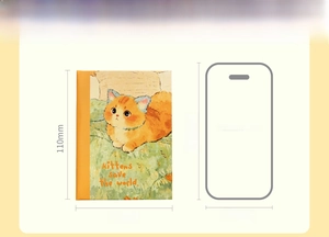 Size comparison layout of the A7 kitten illustration notebook against an iPhone 14 Pro