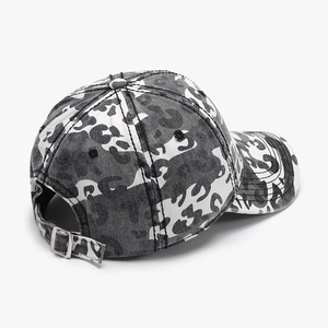 Black and white leopard camouflage baseball cap with adjustable metal buckle back view