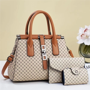 3-piece set of monogram pattern tote bag, envelope clutch, and coin purse in beige leather