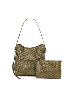 Detail of olive green hand-woven PU leather tote bag with matching inner pouch set