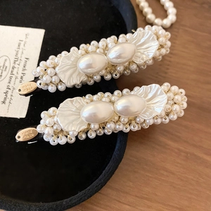 Set of two French vintage faux pearl hair clips with elegant handmade gold metal plate
