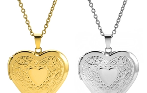 Detailed view of heart-shaped locket necklaces in gold and silver with embossed patterns