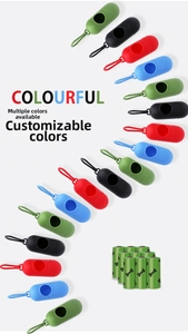 Colorful pet waste bag dispensers with bone pattern refill rolls and portable lanyards