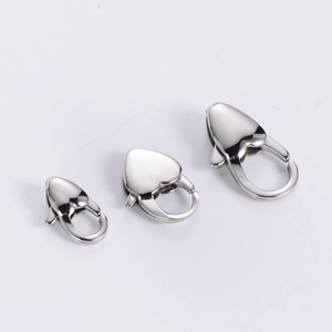 Three sizes of heart-shaped polished stainless steel lobster clasps for jewelry making