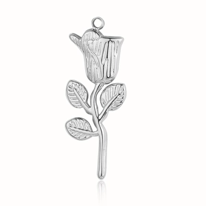 Detailed view of a silver rose flower pendant made of stainless steel for DIY jewelry