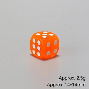 Close-up of a 14mm translucent orange resin dice with white dots weighing 2.5g