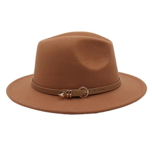 Detail of wool felt fedora with a brown leather band and gold heart-shaped metal buckle