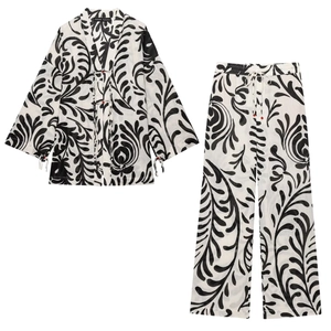 Kimono Long Sleeve Top And Wide Leg Pants Polyester Cotton Botanical Leaf Print Ethnic Vintage Streetwear For Women