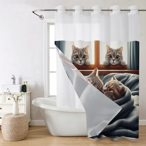 Detail view of cat print shower curtain with metal grommets and realistic feline pattern