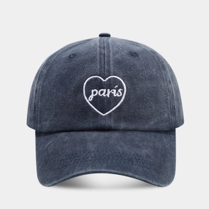 Vintage washed cotton baseball cap with heart Paris embroidery and pre-curved brim