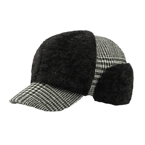 Winter earflap trapper hat in black faux fur and houndstooth pattern for women