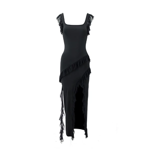 Detailed view of black bodycon dress featuring layered ruffles and high side slit