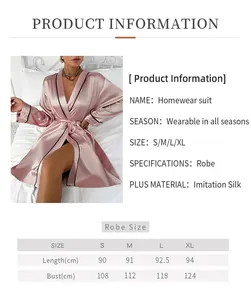 Detailed size chart for silk imitation robe showing length and bust measurements for S to XL