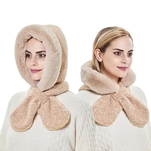 Hooded Scarf Plush Integrated Hat Faux Fur Windproof Winter Warm Polka Dot Ear Protection Neck Warmer For Women
