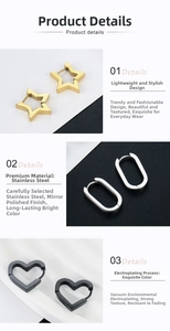 Polished stainless steel earrings in star, oval and heart shapes with mirror finish