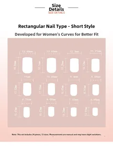Detailed size chart for short square press-on nails with 12 sizes and measurements