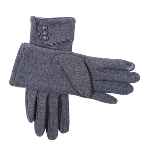 Detail of dark grey winter gloves featuring three decorative buttons and touch screen tips