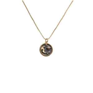 Gold-plated crescent moon and stars round pendant necklace on a delicate box chain
