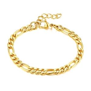Minimalist gold Figaro link bracelet with lobster clasp and adjustable chain on white background