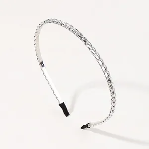 Detailed view of silver metal chain headband with anti-slip rubber tips and woven texture