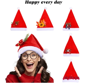 Detail showing various plush Christmas hats with unique floral and bow decorations