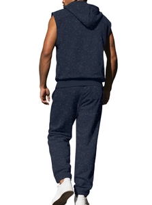 Back view of men's navy hooded sleeveless tracksuit featuring marble texture and knit fabric