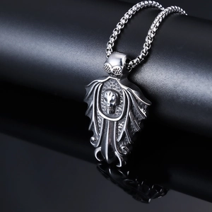 Gothic skull bat pendant in retro stainless steel with bead chain on black background