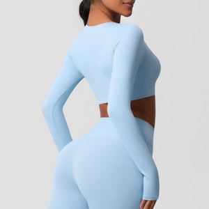 Détails de l'ensemble de yoga sans couture bleu clair avec tissu extensible et haut court de sport