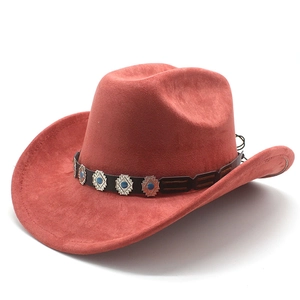 Detail of western fedora hat featuring ethnic leather band with silver metal ornaments