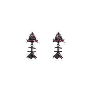 Pink rhinestone fishbone earrings with black metal plating in a sweet-cool punk style