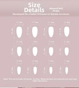 Size chart for almond-shaped press-on nails showing 12 sizes and 24 pieces in total