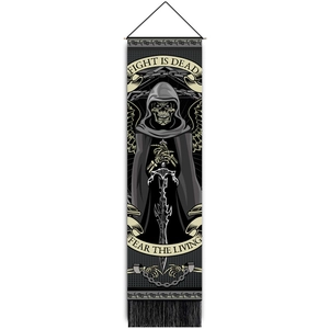 Gothic tapestry featuring winged skull sword and Fight Is Dead text in black and white